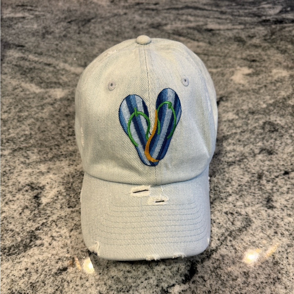 New Custom Designed Blue Distressed Baseball Cap with Striped Flip Flops.